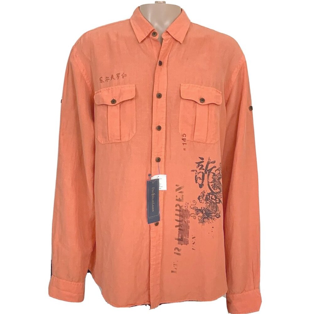 NEW Vintage Polo Ralph Lauren Asian Print Shirt! L Weathered Orange Silk & Linen